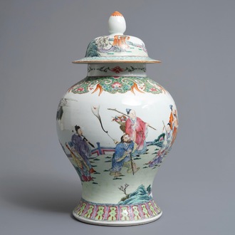 A Chinese famille rose 'immortals' vase and cover, 19th C.
