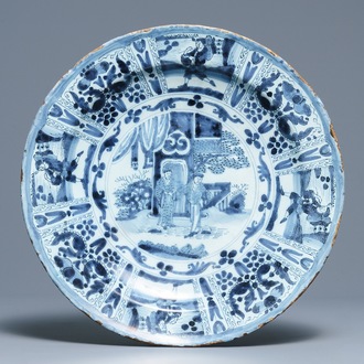 A Dutch Delft blue and white kraak-style chinoiserie dish, 17/18th C.