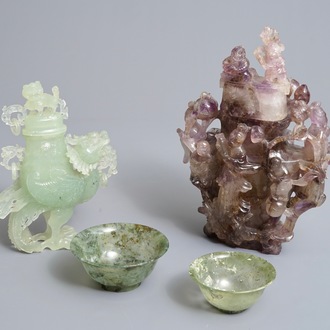 Two Chinese jade and amethyst covered vases and two bowls, 20th C.