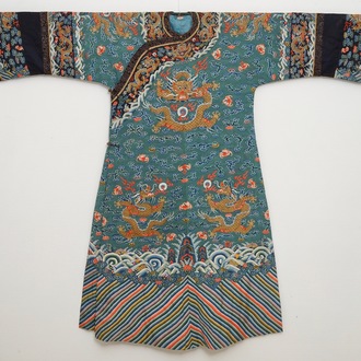 A Chinese embroidered turquoise-ground five-clawed dragon robe, 'jifu', 19th C.