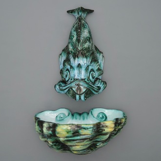 A rare Brussels faience dolphin-shaped fountain and basin, 18th C.