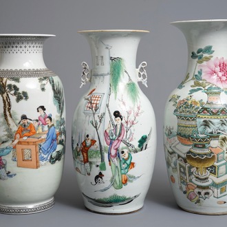 Trois vases en porcelaine de Chine famille rose et qianjiang cai, 19/20ème