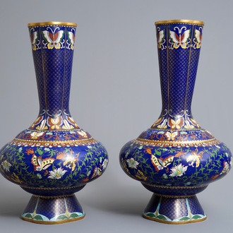 A pair of Chinese cloisonné vases with butterflies and flowers, ca. 1900
