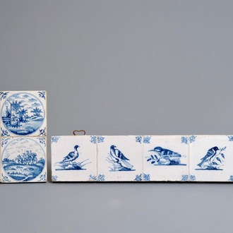 Five Dutch Delft blue and white bird tiles and four with fine medallions, 17th and 18th C.