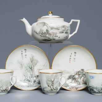 A Chinese qianjiang cai teapot, three cups and two saucers, Republic, 1st half 20th C.