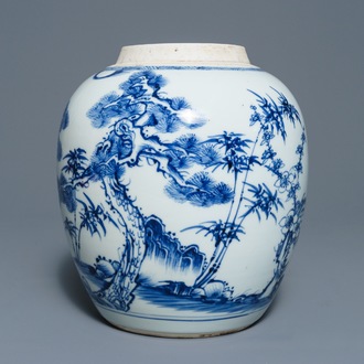 Een Chinese blauwwitte gemberpot met 'Drie vrienden van de winter', Kangxi