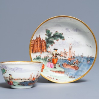 Une tasse et soucoupe en porcelaine de Chine de style Meissen à décor de Pierre le Grand, Qianlong
