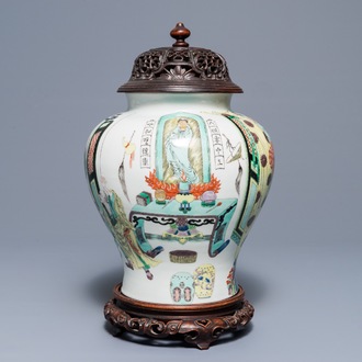 A Chinese famille verte vase with figures in a temple, Kangxi mark, 19th C.