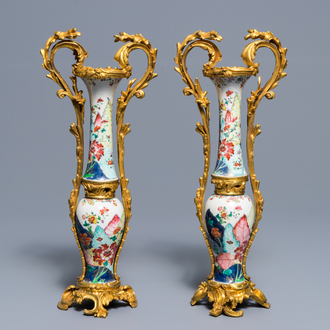 Four Chinese ormolu-mounted famille rose 'tobacco leaf' vases remodeled as two, Qianlong