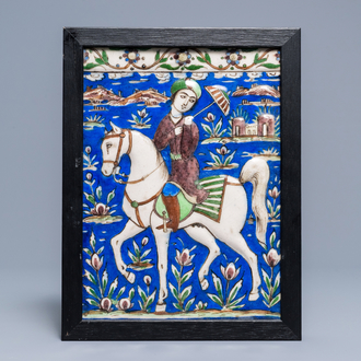 A rectangular moulded tile with a prince on horseback, Qajar, Iran, 19th C.