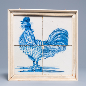 A Dutch Delft blue and white 'rooster' tile mural, late 18th C.