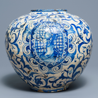 A large blue and white Italian maiolica 'vaso a palla', Caltagirone, 18th C.