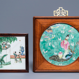 Two Chinese famille rose and verte tile plaques, 19th C.