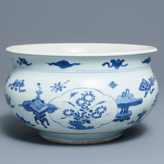 A Chinese blue and white censer with antiquities design, Kangxi