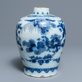 A Dutch Delft blue and white chinoiserie vase, last quarter 17th C.