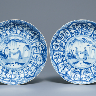 A pair of Chinese blue and white 'Romance of the Western chamber' fluted dishes, Kangxi