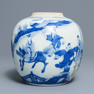 Een Chinese blauwwitte gemberpot met spelende jongens, Kangxi