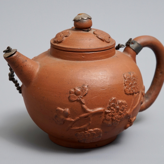 A Dutch Delft silver-mounted yixing style red earthenware teapot and cover, 1st quarter 18th C.