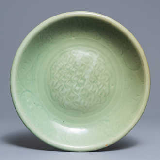 A Chinese Longquan celadon charger with incised design, Ming
