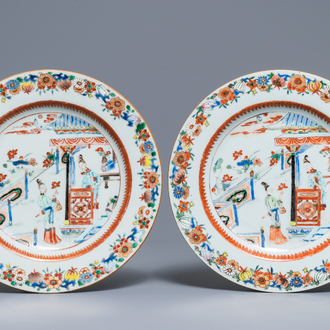 Two Chinese famille rose plates with figures on a terrace, Yongzheng