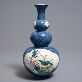 A Chinese famille verte on powder blue ground double gourd vase, 19th C.