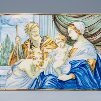 Een plaquette met 'De aanbidding' in Italiaanse majolica, Castelli, 18e eeuw