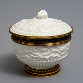 A gilt-bronze mounted Saint-Cloud soft paste porcelain bowl and cover, France, 2nd half 18th C.