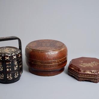 Two Chinese lacquered marriage boxes and a condiment set in box, 19/20th C.