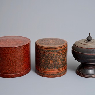 Two round lacquered betel boxes and an alms bowl and cover, Burma, 19/20th C.