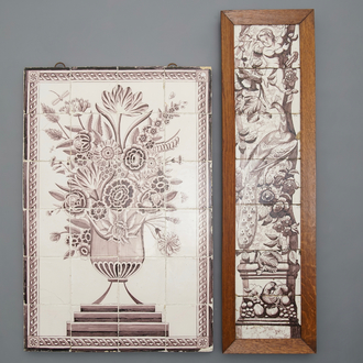 A large manganese Dutch Delft tile mural with a flowervase and a column with cherubs, 18th & 19th C.