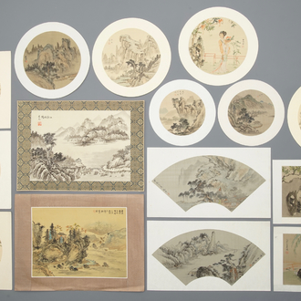Quinze dessins d'éventails et illustrations à l'encre de Chine et polychromie, 20ème