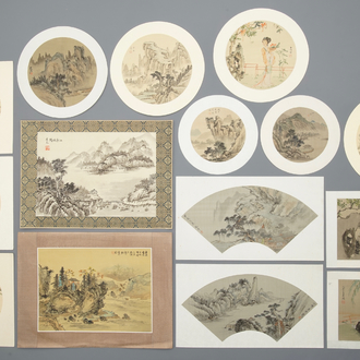 Fifteen various Chinese drawings for fans and illustrations, 20th C.