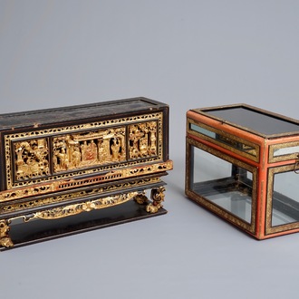 A Chinese Straits or Peranakan market gilded and lacquered wood altar box on stand and a table display, 19th C.