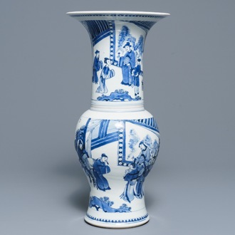 A Chinese blue and white yenyen vase with figures on a terrace, Kangxi