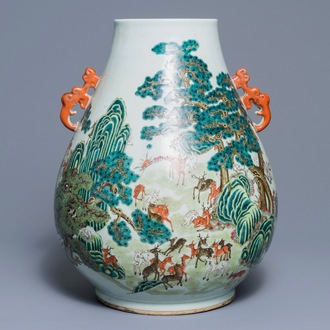 A Chinese famille rose 'hundred deer' hu vase, Qianlong mark, 19/20th C.