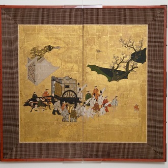 A Japanese two-fold painted byobu screen with travellers in a landscape, Edo, 17/18th C.