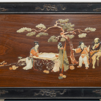 A Chinese soapstone-embellished wood panel, Republic, 20th C