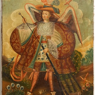 Cuzco School, Peru: Ángel arcabucero, oil on canvas, 18th C.