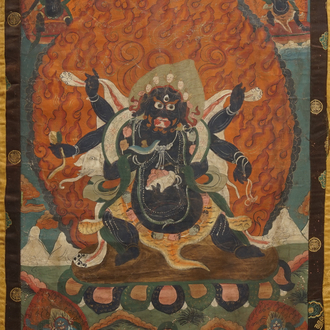 Een Sino-Tibetaanse thangka met decor van 'Mahakala', 19e eeuw