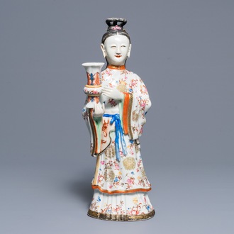 A large Chinese famille rose candle holder modelled as court lady, Qianlong