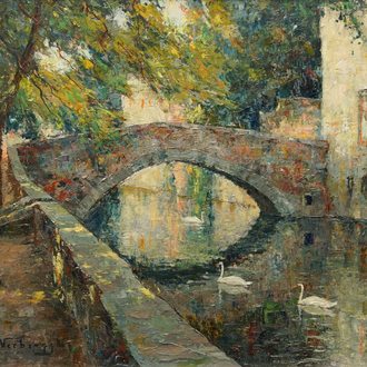 Verbrugghe, Charles (1877-1974): A view on the Meebrug in Bruges, oil on panel