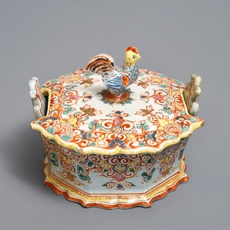 A polychrome petit feu and gilded Dutch Delft rooster-topped butter tub, 1st half 18th C.