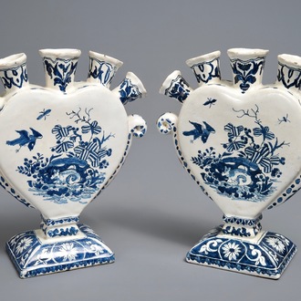 A pair of Dutch Delft blue and white heart-shaped tulip vases, 19th C.