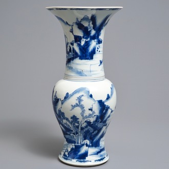 A Chinese blue and white yenyen vase with figures in a landscape, Kangxi