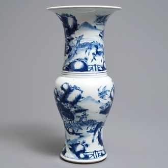 A Chinese blue and white 'deer and crane' yenyen vase, Kangxi