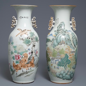 Two Chinese qianjiang cai vases with birds and landscapes, 19/20th C.