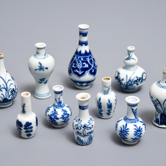 Ten Chinese blue and white miniature vases, Kangxi