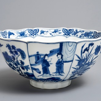 A Chinese blue and white bowl with figurative and floral panels, Chenghua mark, Kangxi