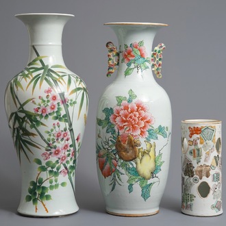 Two Chinese famille rose vases and a qianjiang cai hat stand, 19/20th C.