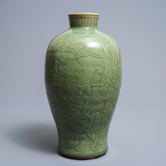 A Chinese Longquan celadon meiping vase with underglaze design, Ming